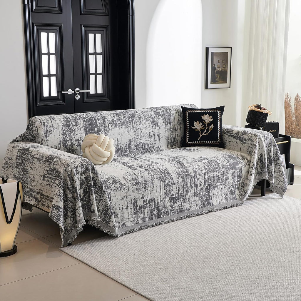 MYSKY HOME Sectional Couch Cover Deep Grey Abstract Geometric Sofa Covers for Sectional Sofa L Shape Chenille Couch Protector for Dogs Pets Couch Throw Cover Washable Durable for Home Decor, 91" X134"