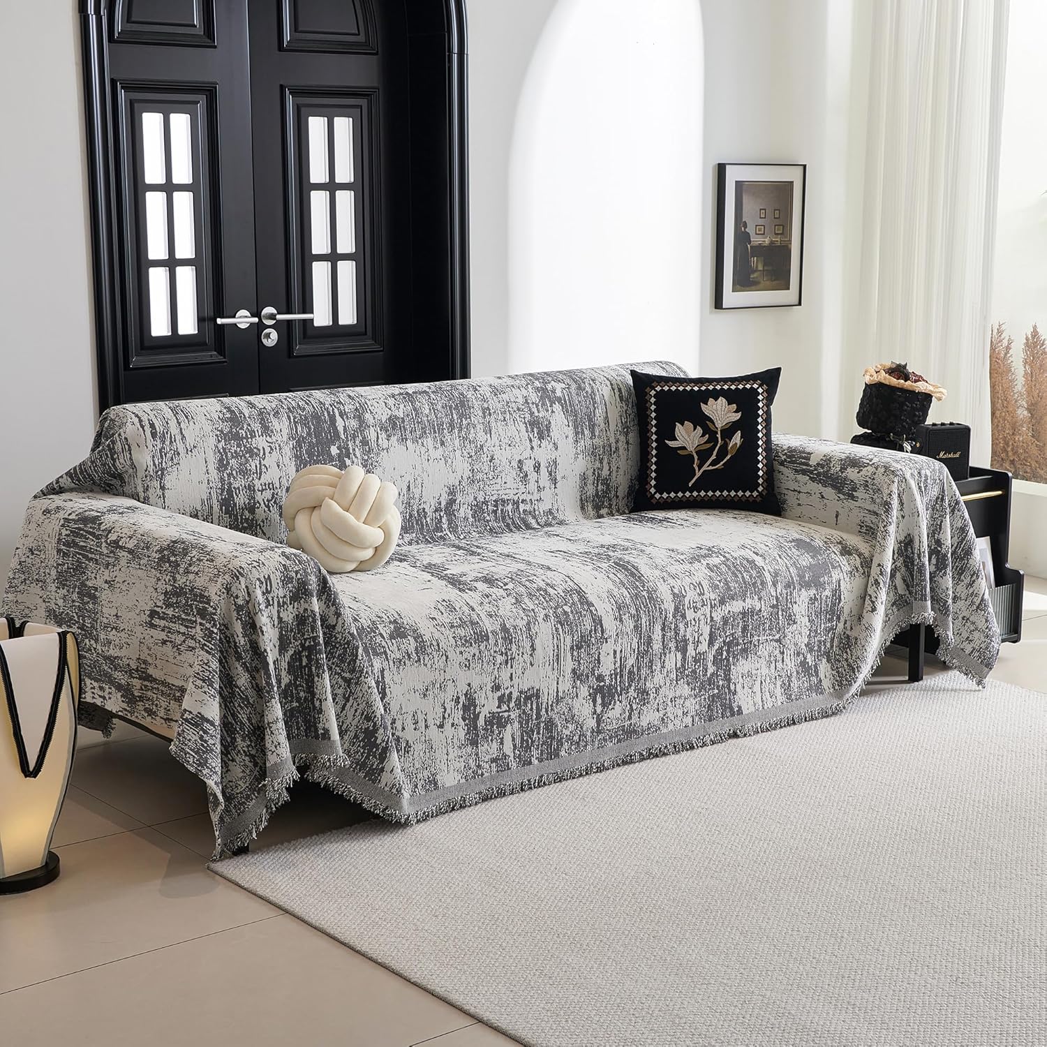 MYSKY HOME Sectional Couch Cover Deep Grey Abstract Geometric Sofa Covers for Sectional Sofa L Shape Chenille Couch Protector for Dogs Pets Couch Throw Cover Washable Durable for Home Decor, 91" X134"