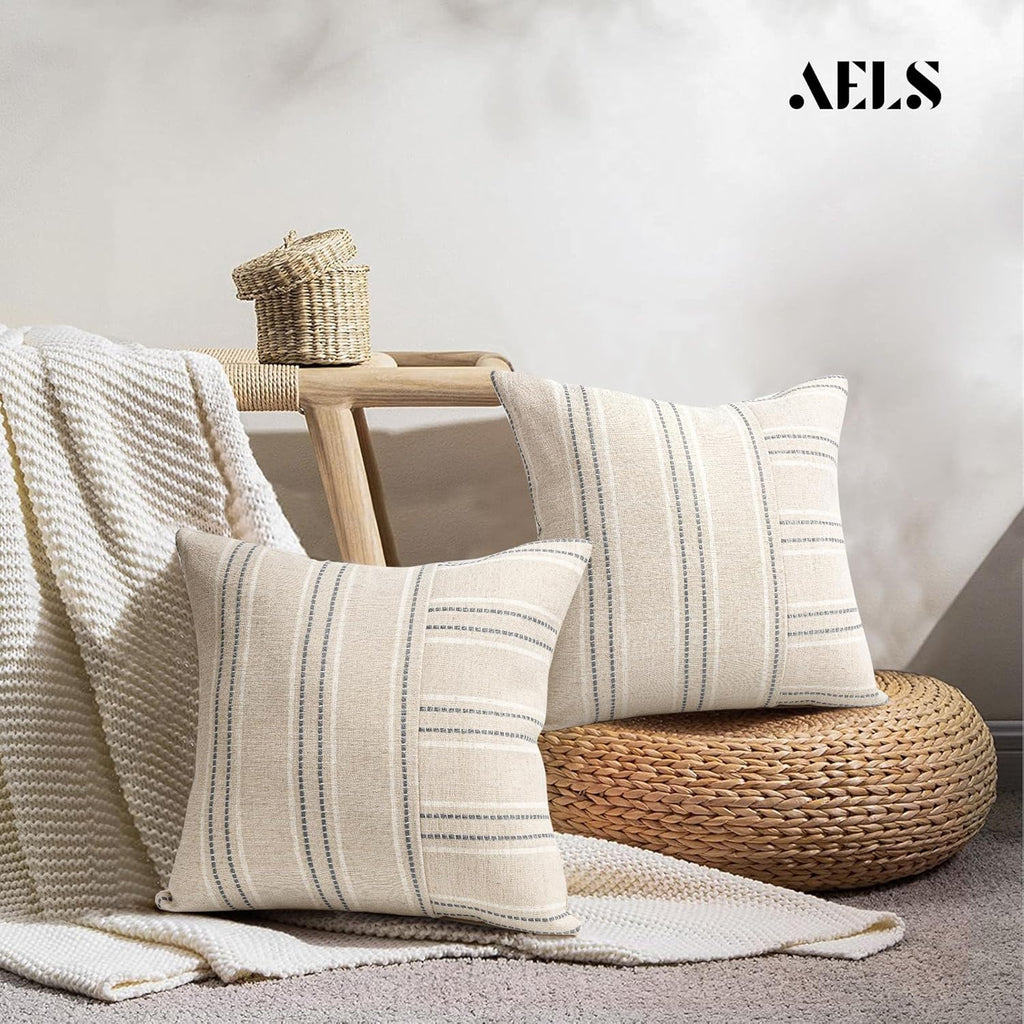 AELS 16x16 Decorative Farmhouse Linen Throw Pillow Covers, Boho Textured Pillow Case, Set of 2, Beige with White & Gray Stripe Patchwork Cushion Cover for Sofa Couch Living Room (Cover ONLY)