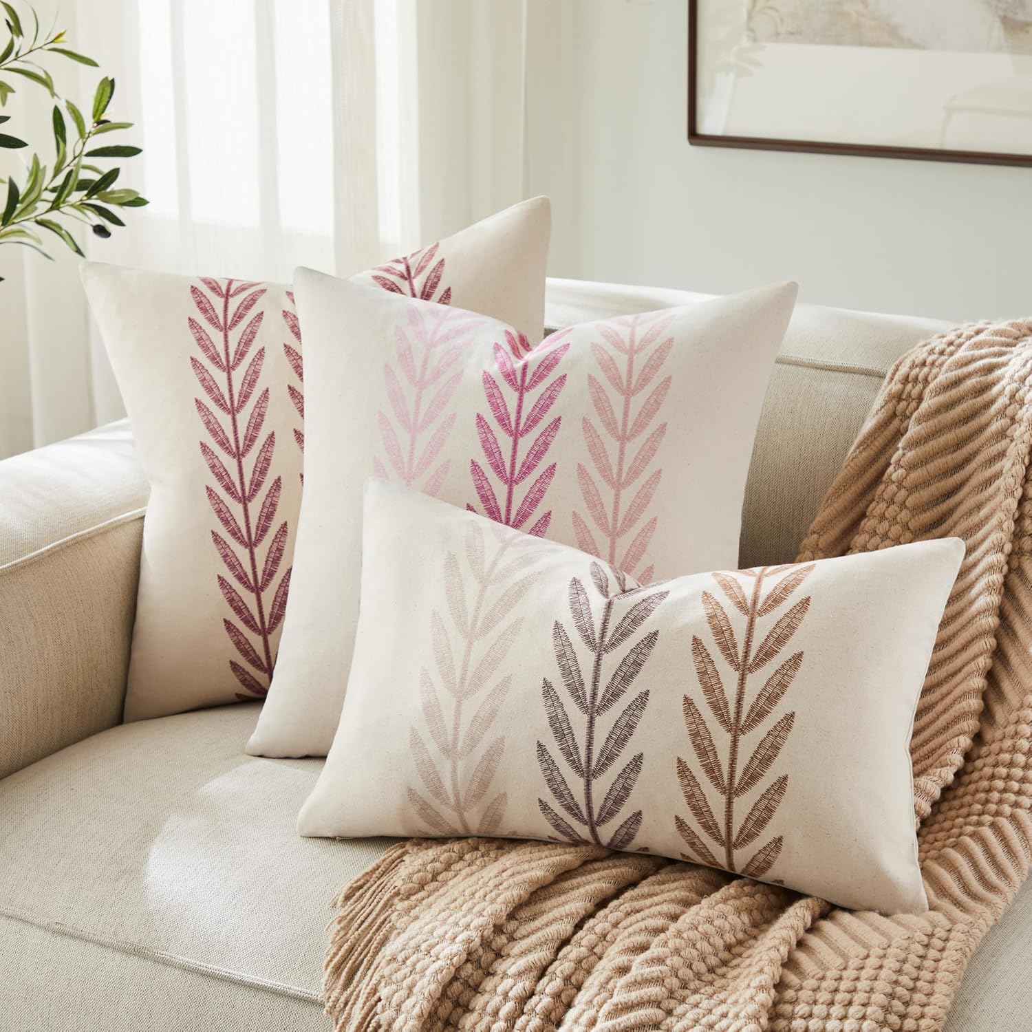 100% Cotton Farmhouse Leaves Throw Pillow Covers Set of 2, 16x16 Inch Mixed Pink Pastoral Decorative Print Cushion Covers for Sofa Bed Living Room Home Decor