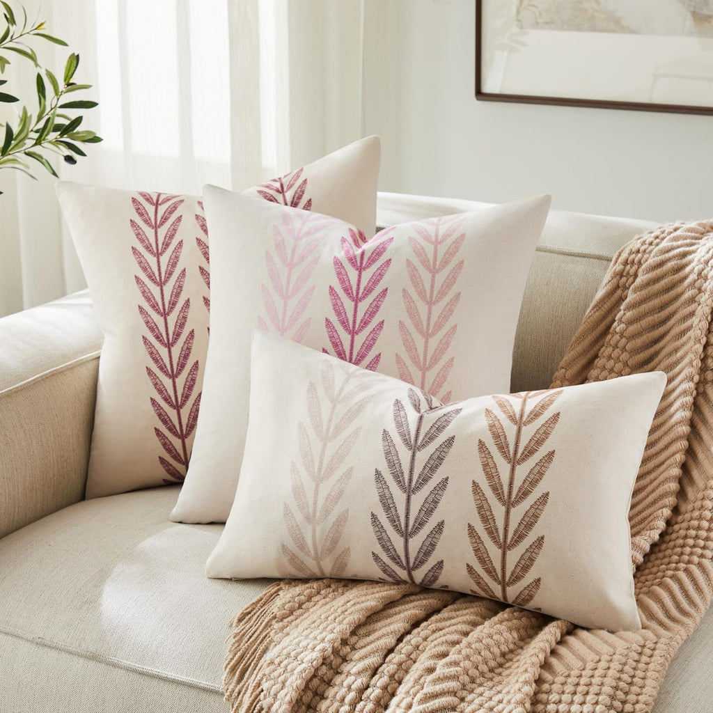 100% Cotton Farmhouse Leaves Throw Pillow Covers Set of 2, 24x24 Inch Burgundy Pastoral Decorative Print Cushion Covers for Sofa Bed Living Room Home Decor