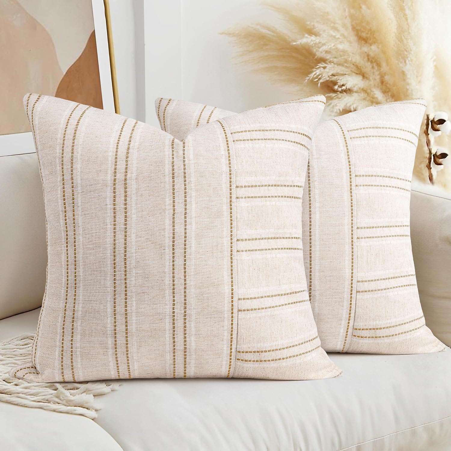 AELS 26x26 Decorative Farmhouse Linen Throw Pillow Covers, Boho Textured Pillow Case, Set of 2, Beige with White & Brown Stripe Patchwork Cushion Cover for Sofa Couch Living Room (Cover ONLY)