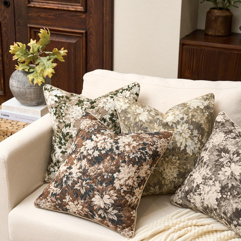 Yangest Neutral Floral Pillow Cover 24 x 24 Inches, Vintage Chenille Square Throw Pillow Cover Soft Decorative Farmhouse Accent Couch Pillow Cover for Living Room Bedroom, Grey