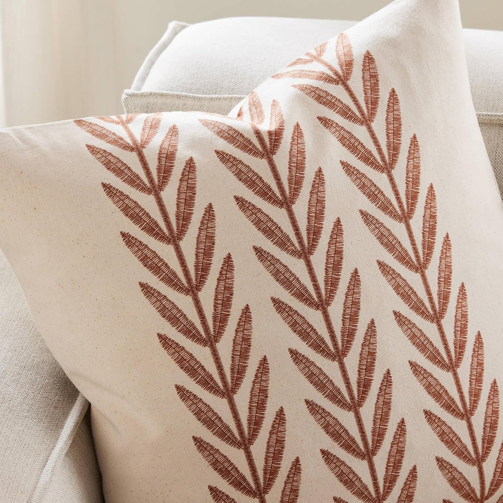 100% Cotton Farmhouse Leaves Throw Pillow Covers Set of 2, 24x24 Inch Terracota Pastoral Decorative Print Cushion Covers for Sofa Bed Living Room Home Decor