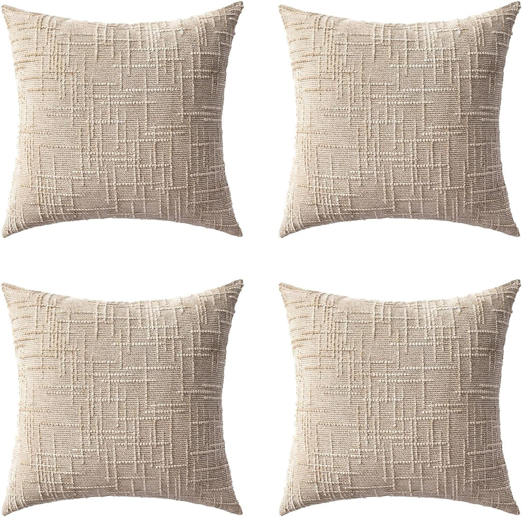 Decorative Throw Pillow Covers 18x18 Inch Set of 4, Soft Solid Farmhouse Chenille Couch Pillows, Spring Pillow Covers for Couch Sofa Bed Living Room Home Decor Pillowcase, Light Khaki