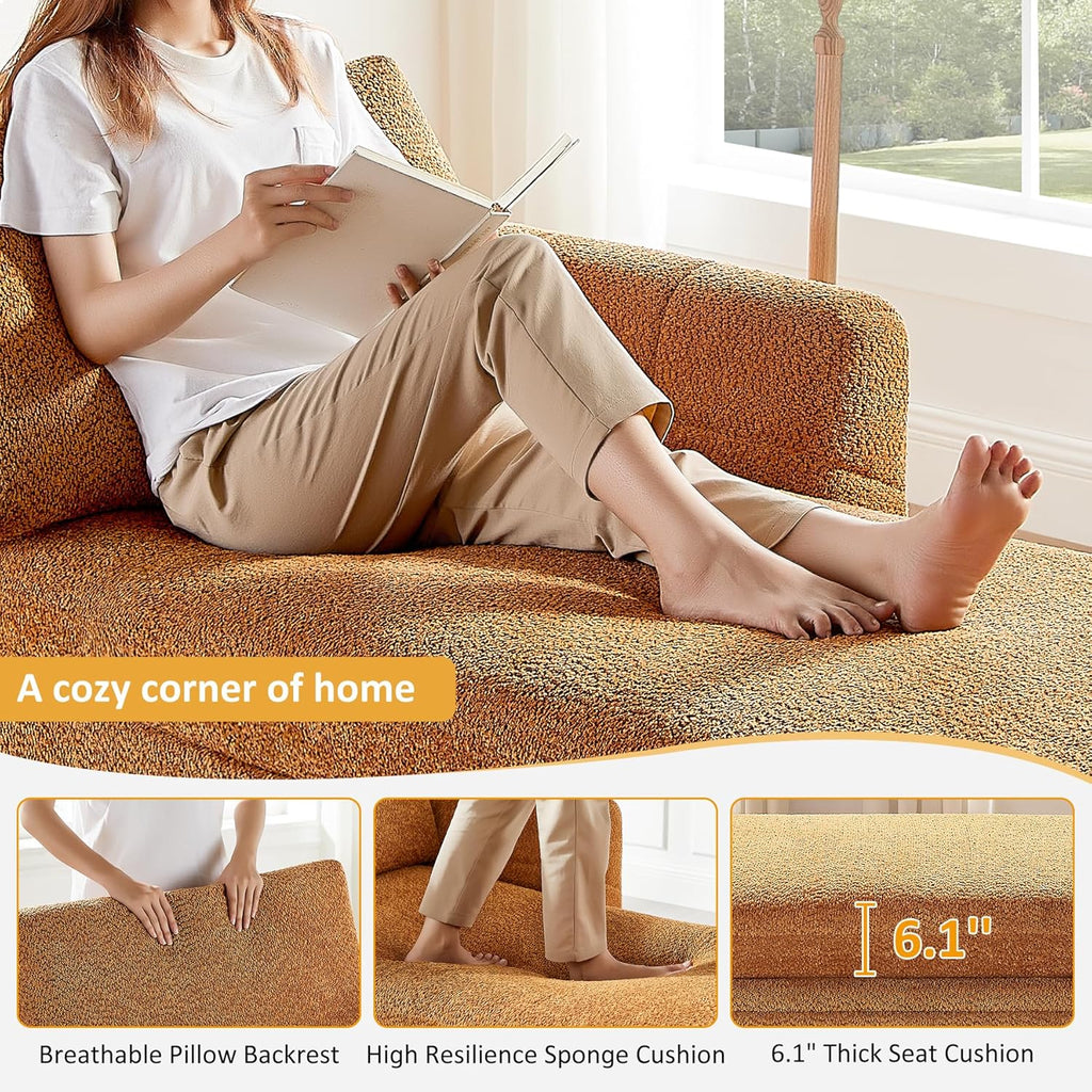 VANOMi Oversized 70.47'' Chaise Lounge Chair Indoor with Storage Space, Modern Upholstered Sofa Bed with Thick Cushion and Left Armrest, Boucle Leisure Recliner for Living Room, Bedroom, Office, Curry