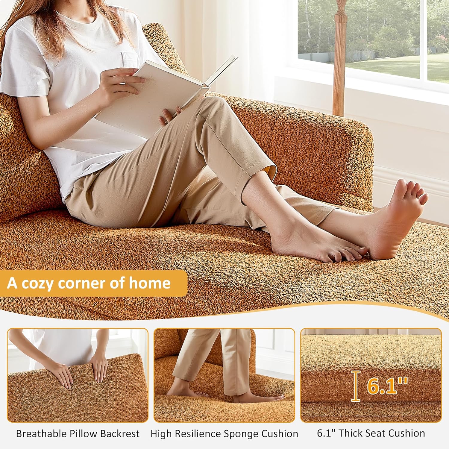 VANOMi Oversized 70.47'' Chaise Lounge Chair Indoor with Storage Space, Modern Upholstered Sofa Bed with Thick Cushion and Left Armrest, Boucle Leisure Recliner for Living Room, Bedroom, Office, Curry