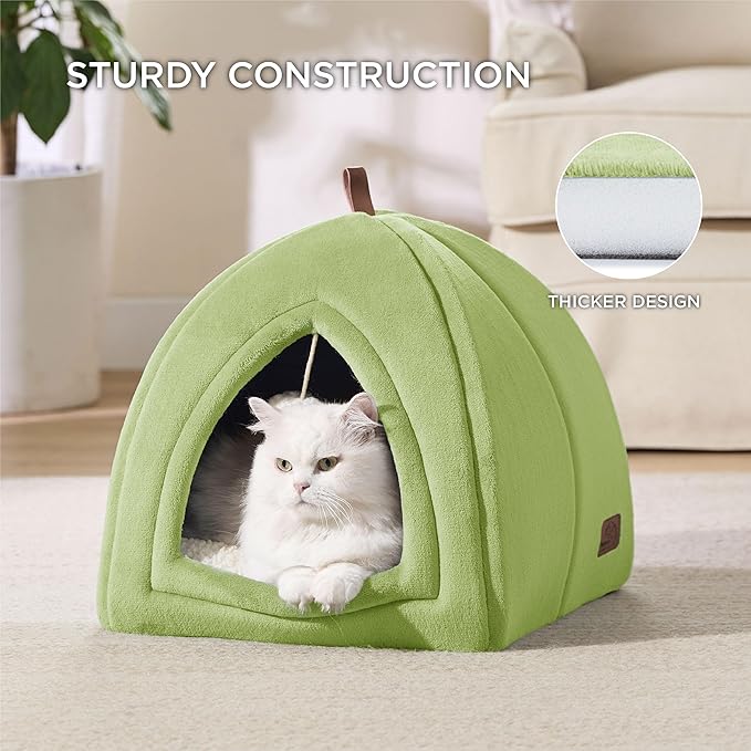 Bedsure Cat Beds for Indoor - 2 in 1 Cat Cave House Tent for Kittens and Small Pets with Removable Washable Cushioned Pillow, Foldable Kitten Hideaway with Non-Slip Bottom, Green, 16 inches