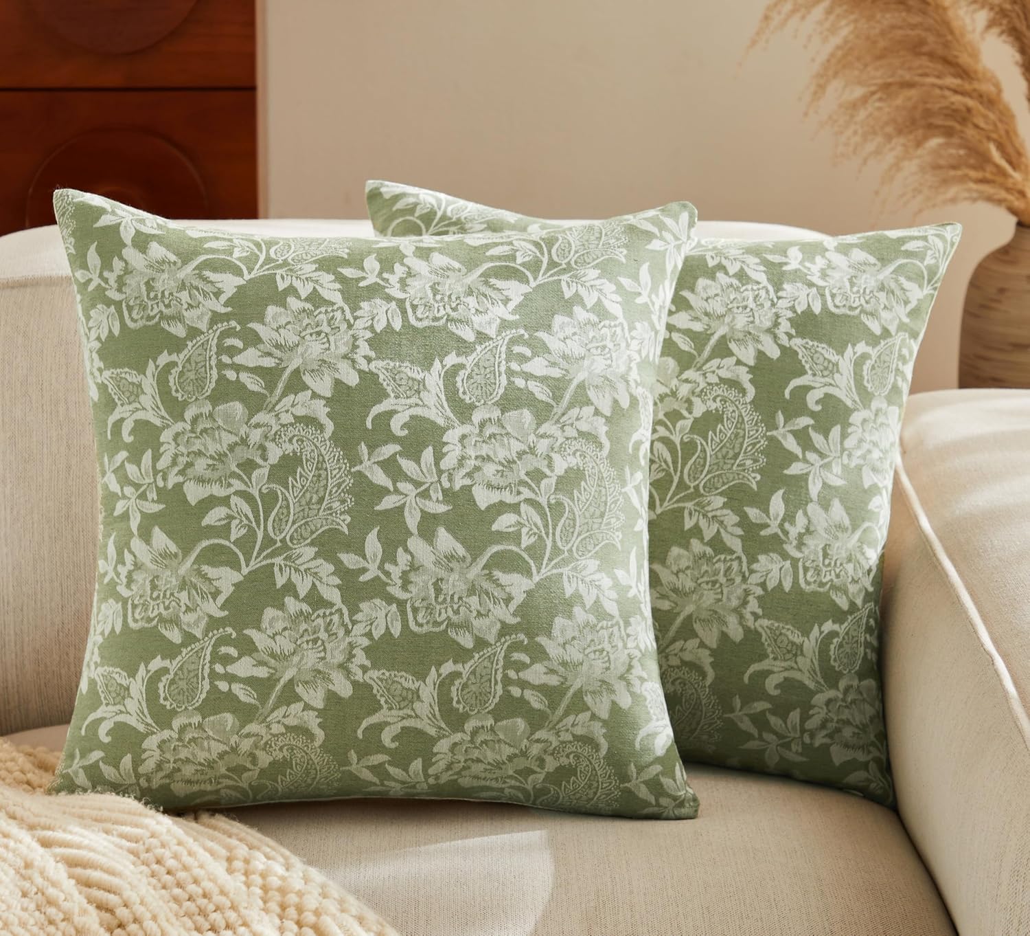 Floral Jacquard Throw Pillow Covers Set of 2, Background/Green 16x16 Inch, Farmhouse Decorative Cotton Sage Green Cushion Covers for Sofa Bed Living Room Home Decor