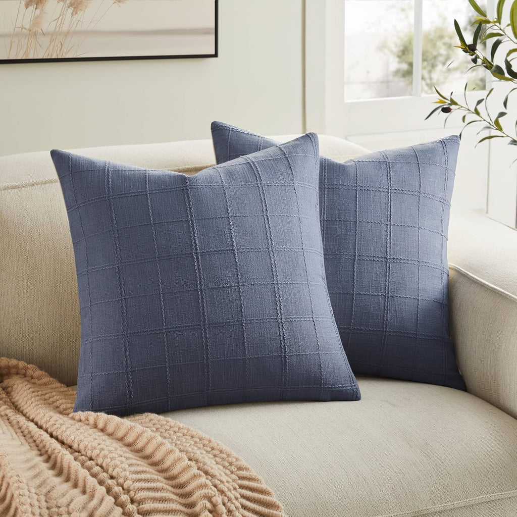 ZeeMart Linen Checked Throw Pillow Covers Set of 2, 18x18 Inch Blue/Cream, Farmhouse Decorative Single Sided Grid Embroidered Couch Pillow Cases Dusty Blue Cotton Linen Cushion Covers