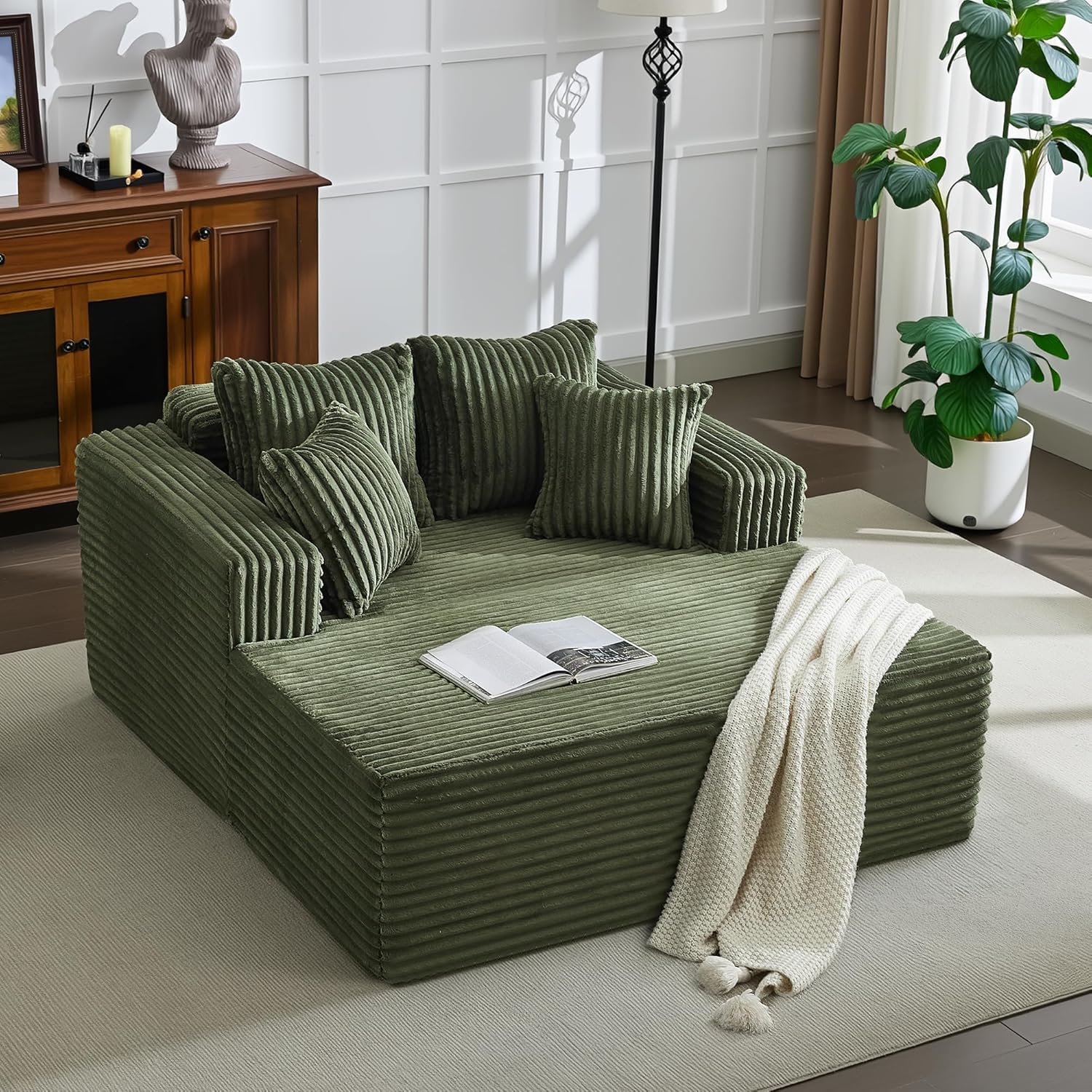 61" Oversized Chaise Lounge Chair Indoor, Boneless Couch Cloud Fluffy Chaise Lounges Corduroy Upholstered Sofa Bed w/Throw Pillows for Living Room Home Green