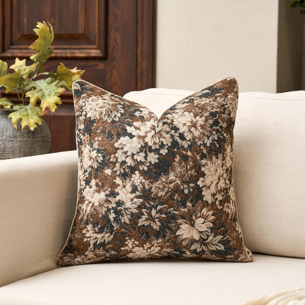 Yangest Neutral Floral Pillow Cover 20 x 20 Inches, Vintage Chenille Square Throw Pillow Cover Soft Decorative Farmhouse Accent Couch Pillow Cover for Living Room Bedroom, Coffee Brown