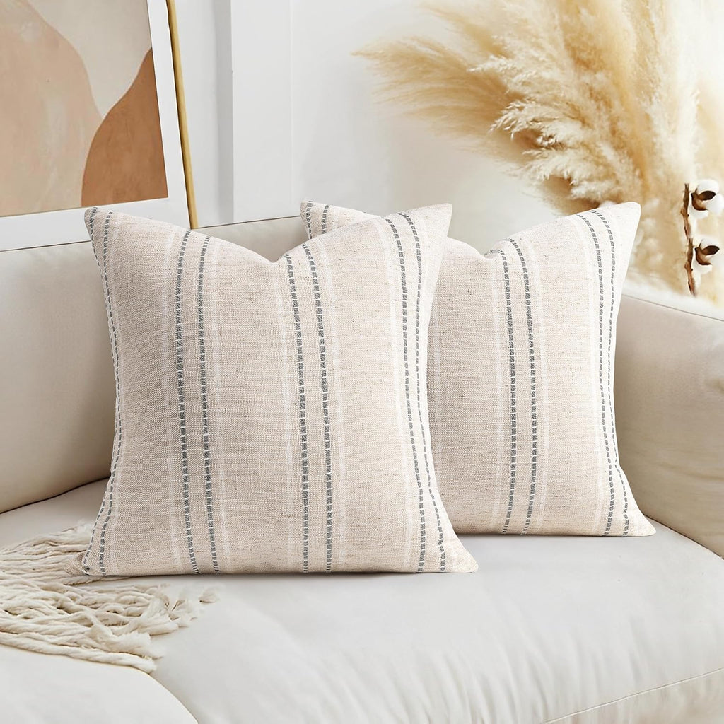 AELS 16x16 Decorative Farmhouse Linen Throw Pillow Covers, Boho Textured Pillow Case, Set of 2, Beige with White & Gray Stitch Yarn Dyed Stripe Cushion Cover for Sofa Couch Living Room (Cover ONLY)