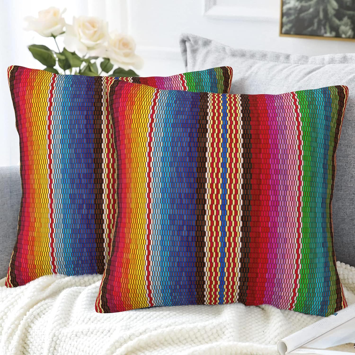 Throw Pillow Covers Blanket Stripes Pillow Covers 18x18 Inch Set of 2 Colorful Mexican Stripes Throw Pillows Decorative Pillow Cases Cushion Covers for Bedroom Livingroom Sofa Farm House