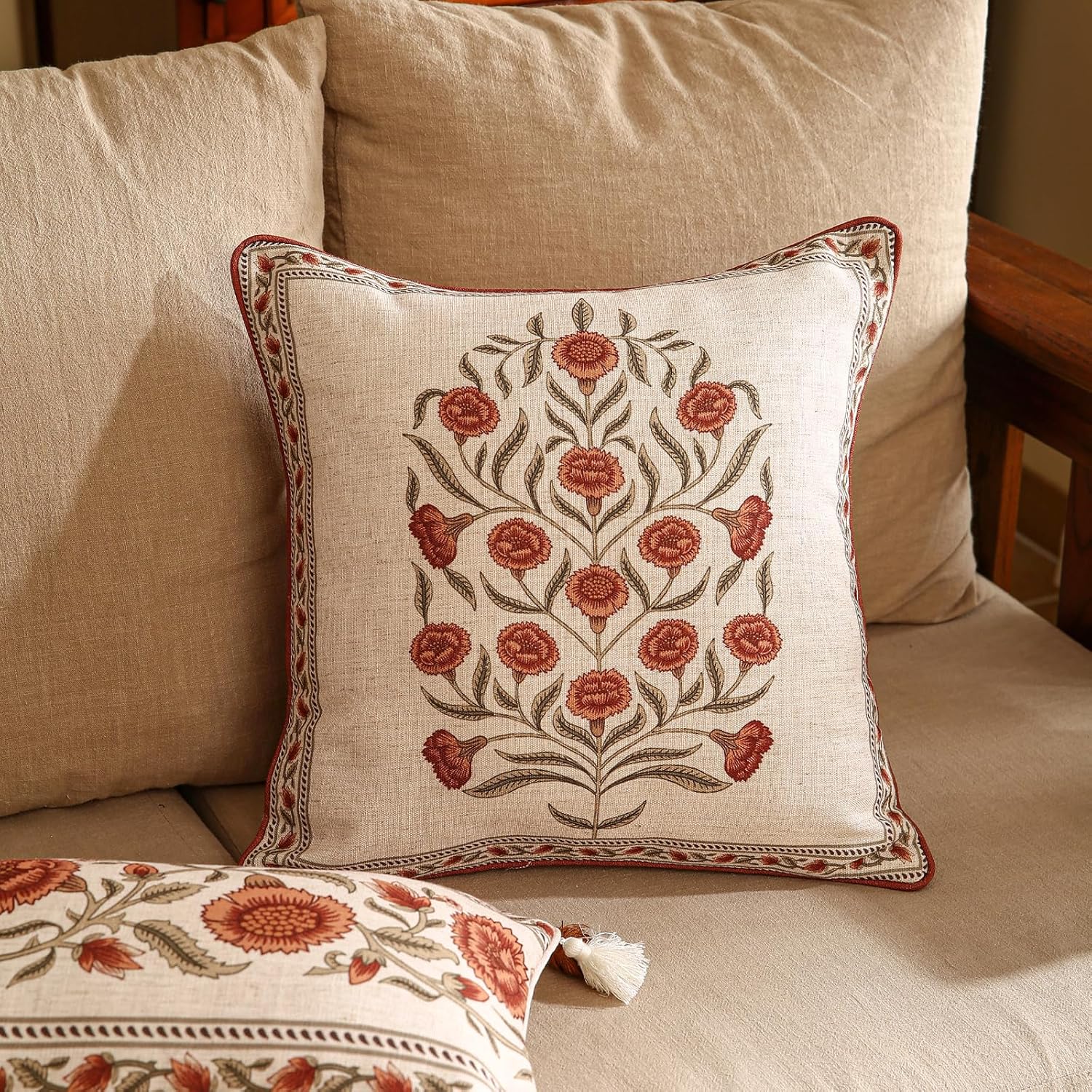 ISAENNE Design Linen Square Vintage Throw Pillow Covers 18"x18", Brick Red Cushion Covers with Orange Floral Green Leaves Pattern Decoration Pillowcases for Bed,Living Room,Outdoor,Car