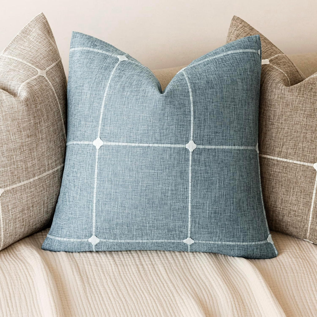 Foindtower Pack of 2 Decorative Faux Linen Jacquard Check Throw Pillow Covers Farmhouse Lumbar Cushion Cover with Grid Textured Accent Pillowcase for Couch Living Room Home Decor,12×20 Inch,Light Blue