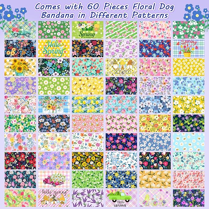 60 Pcs Spring Summer Dog Bandanas Bulk Adjustable Floral Puppy Scarves Pet Bandana Washable Flower Puppy Grooming Bandana for Small Medium Large Breed Dog Cat Pet Grooming Accessories