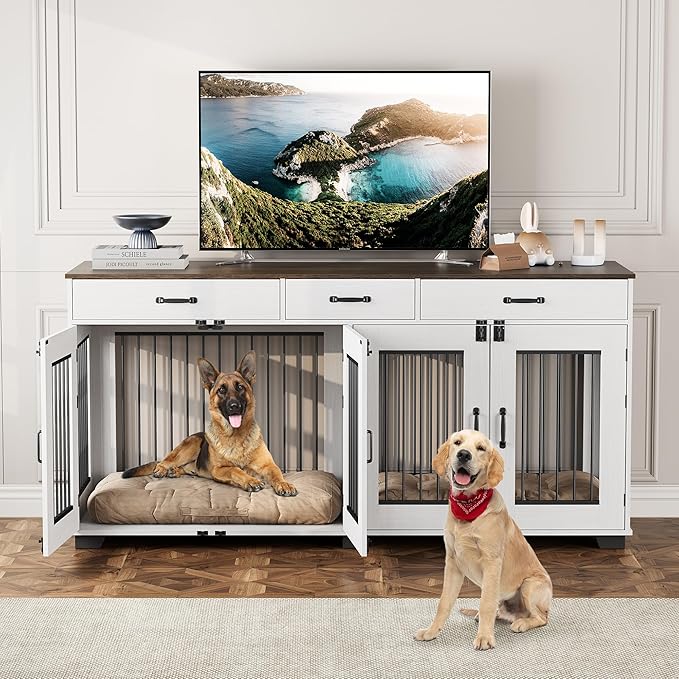 71'' Dog Crate Furniture, Wooden Indoor Dog Kennel for 2 Dogs with 3 Drawers and Removable Room Divider, XXL Double Dog Crate TV Stand End Table with Double Doors for Large Medium Dogs, White