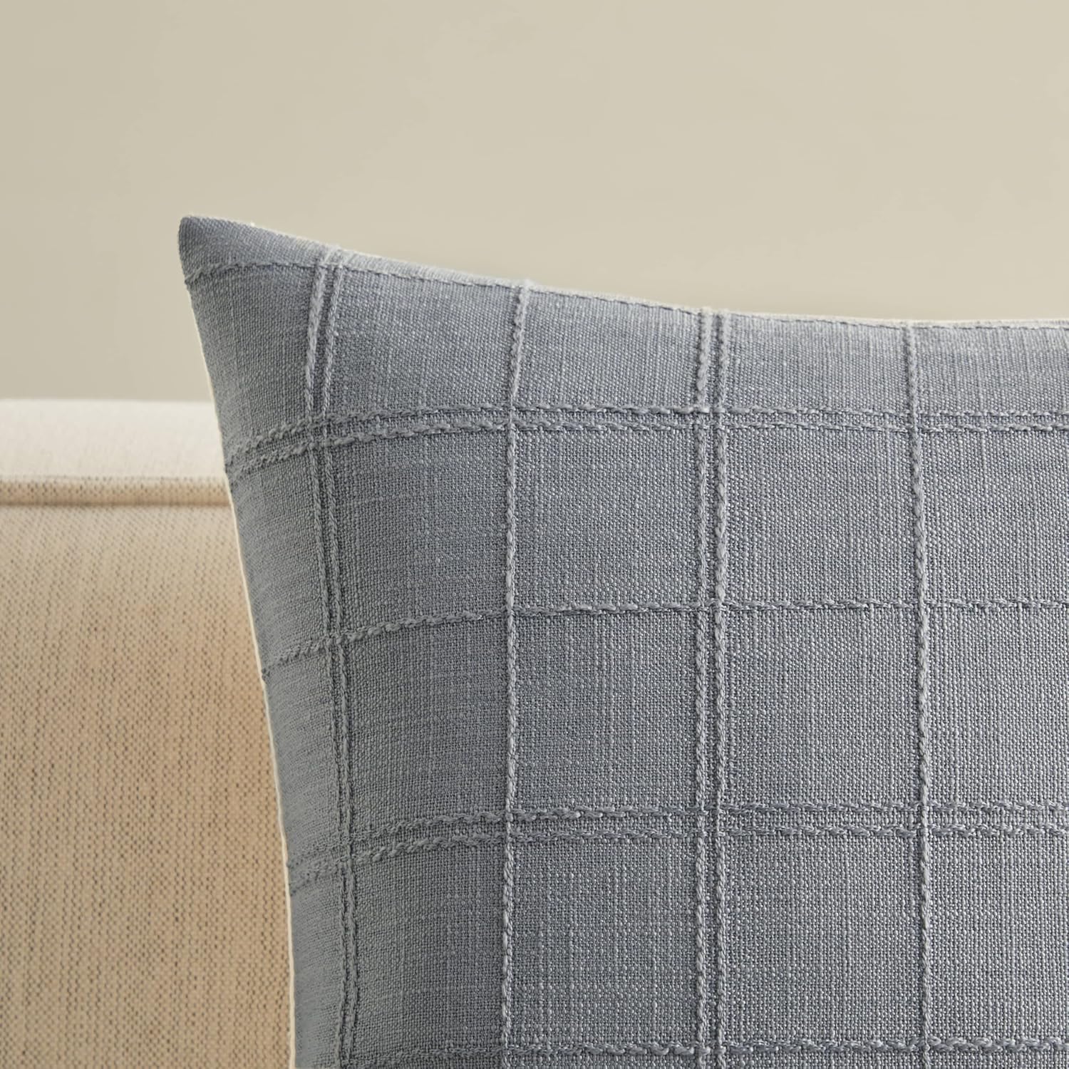 ZeeMart Linen Checked Throw Pillow Covers Set of 2, 24x24 Inch Blue Ashes/Cream, Farmhouse Decorative Single Sided Grid Embroidered Couch Pillow Cases Blue Grey Cotton Linen Cushion Covers