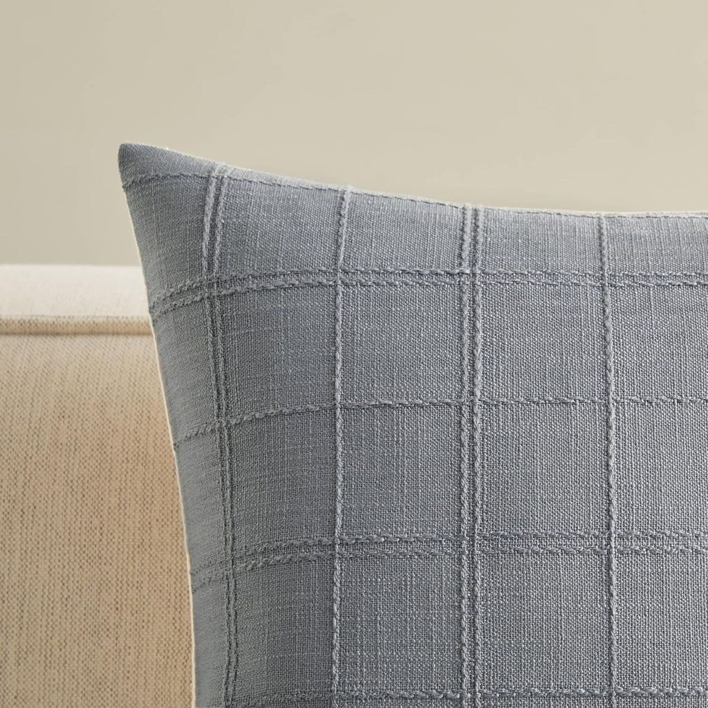ZeeMart Linen Checked Throw Pillow Covers Set of 2, 16x16 Inch Blue Ashes/Cream, Farmhouse Decorative Single Sided Grid Embroidered Couch Pillow Cases Blue Grey Cotton Linen Cushion Covers