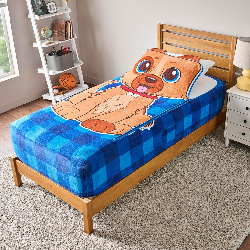 Bleacher Creatures ZippySack Twin Bed Zip-Up Bedding – Super Soft Fleece Fitted Blanket with Side Pocket & Durable Zipper – Easy Bed-Making for Kids (Dog)