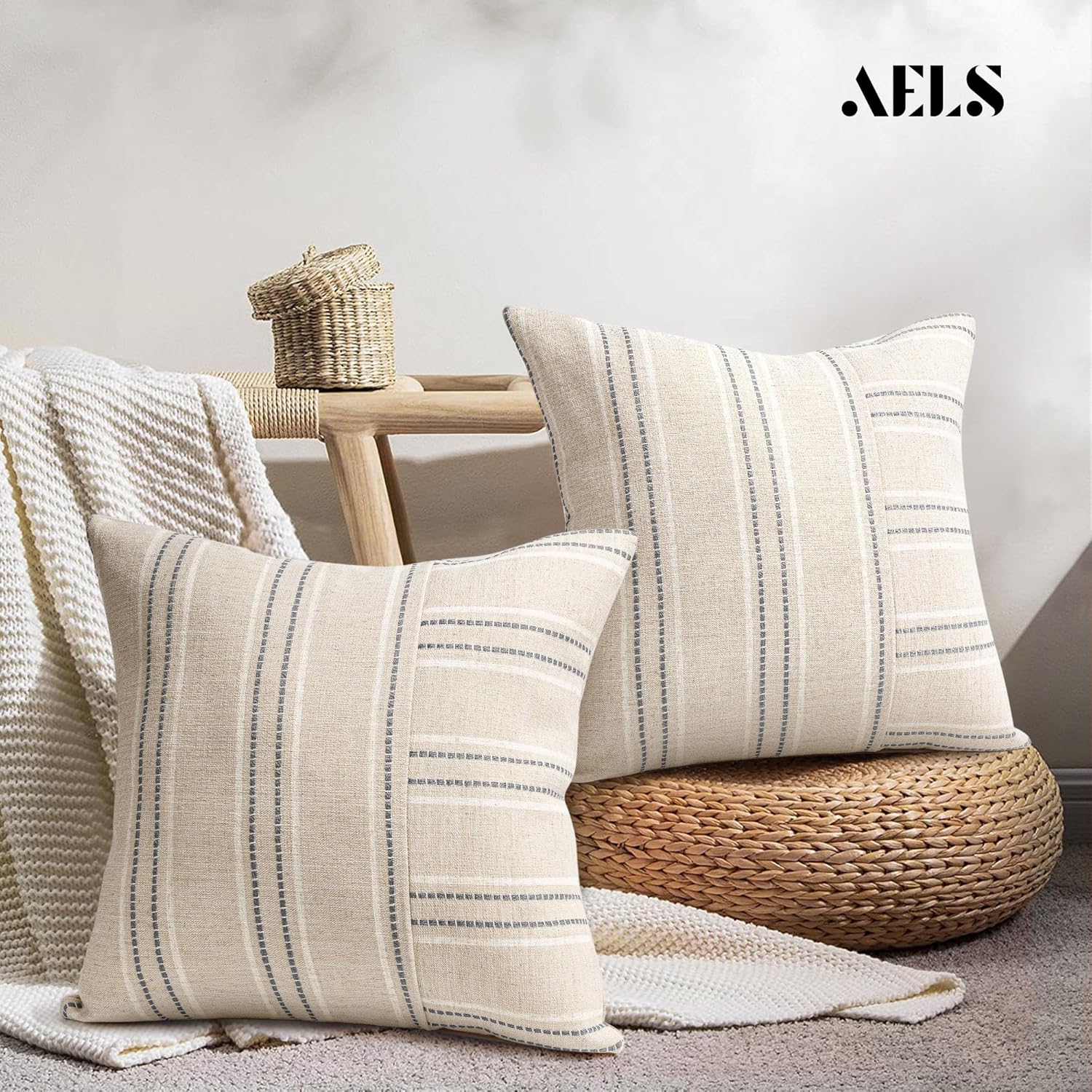 AELS 26x26 Decorative Farmhouse Linen Throw Pillow Covers, Boho Textured Pillow Case, Set of 2, Beige with White & Gray Stripe Patchwork Cushion Cover for Sofa Couch Living Room (Cover ONLY)