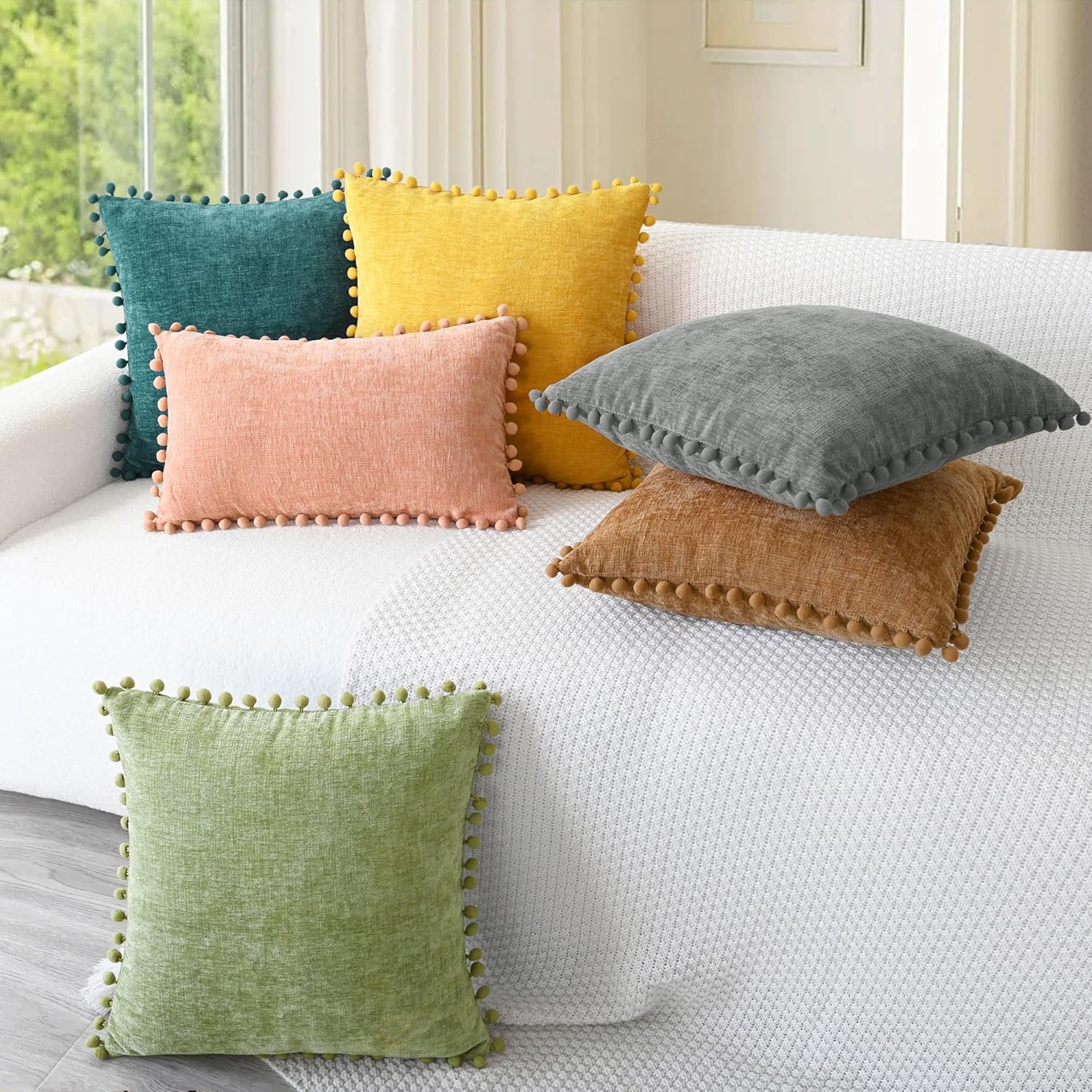 CaliTime Throw Pillow Covers Decorative 16 X 16 Inches Pack of 2 Cozy Solid Dyed Soft Chenille Cushion Cases with Pom Poms for Couch Sofa Bed Living Room Home Teal