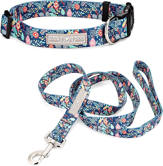 Lucky Love Dog - Adjustable Collar and Leash Set with Easy Click Buckle for Small to Large Dogs, Durable, & Comfortable Collar for Male & Female Dogs, Puppies & Adult - Sweet Holiday Combo, Medium