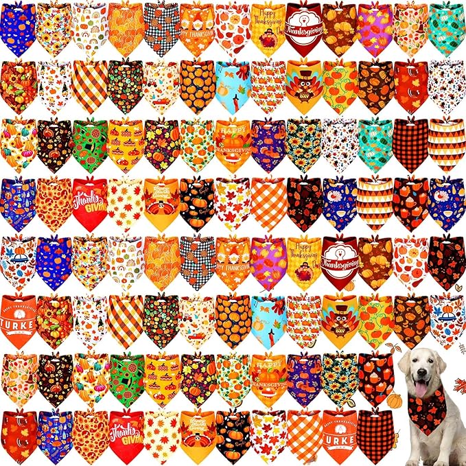 Newwiee 100 Pcs Fall Dog Bandanas Bulk for X-Large Dogs Thanksgiving Pumpkin Maple Leaf Triangle Bandanas Bibs Adjustable Pet Scarf Holiday Soft Breathable Thanksgiving Day Scarf Accessories for Puppy