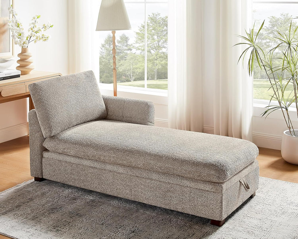 VANOMi Oversized 70.47'' Chaise Lounge Chair Indoor with Storage Space, Modern Upholstered Sofa Bed with Thick Cushion and Left Armrest, Boucle Leisure Recliner for Living Room, Bedroom, Office, Camel