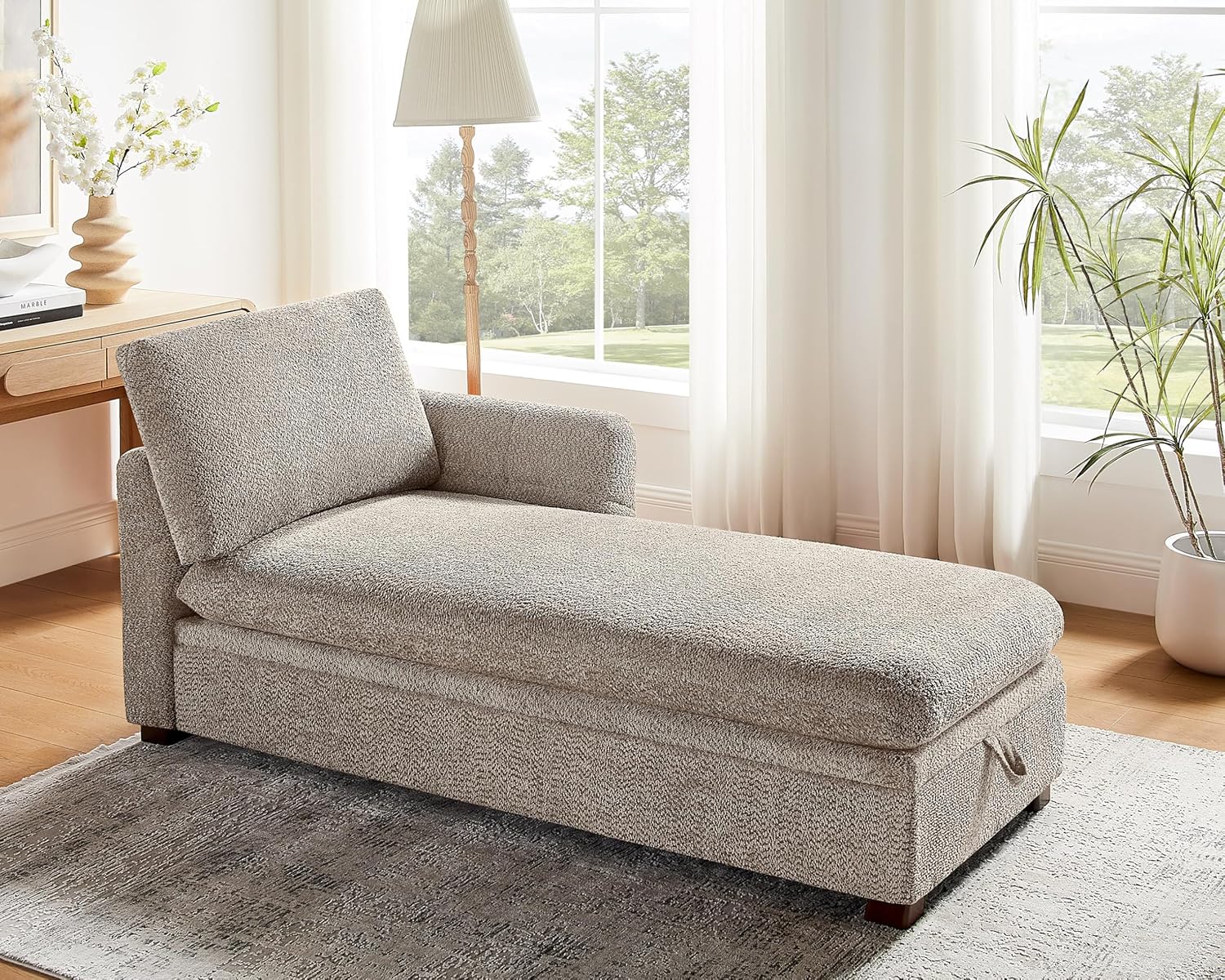 VANOMi Oversized 70.47'' Chaise Lounge Chair Indoor with Storage Space, Modern Upholstered Sofa Bed with Thick Cushion and Left Armrest, Boucle Leisure Recliner for Living Room, Bedroom, Office, Camel