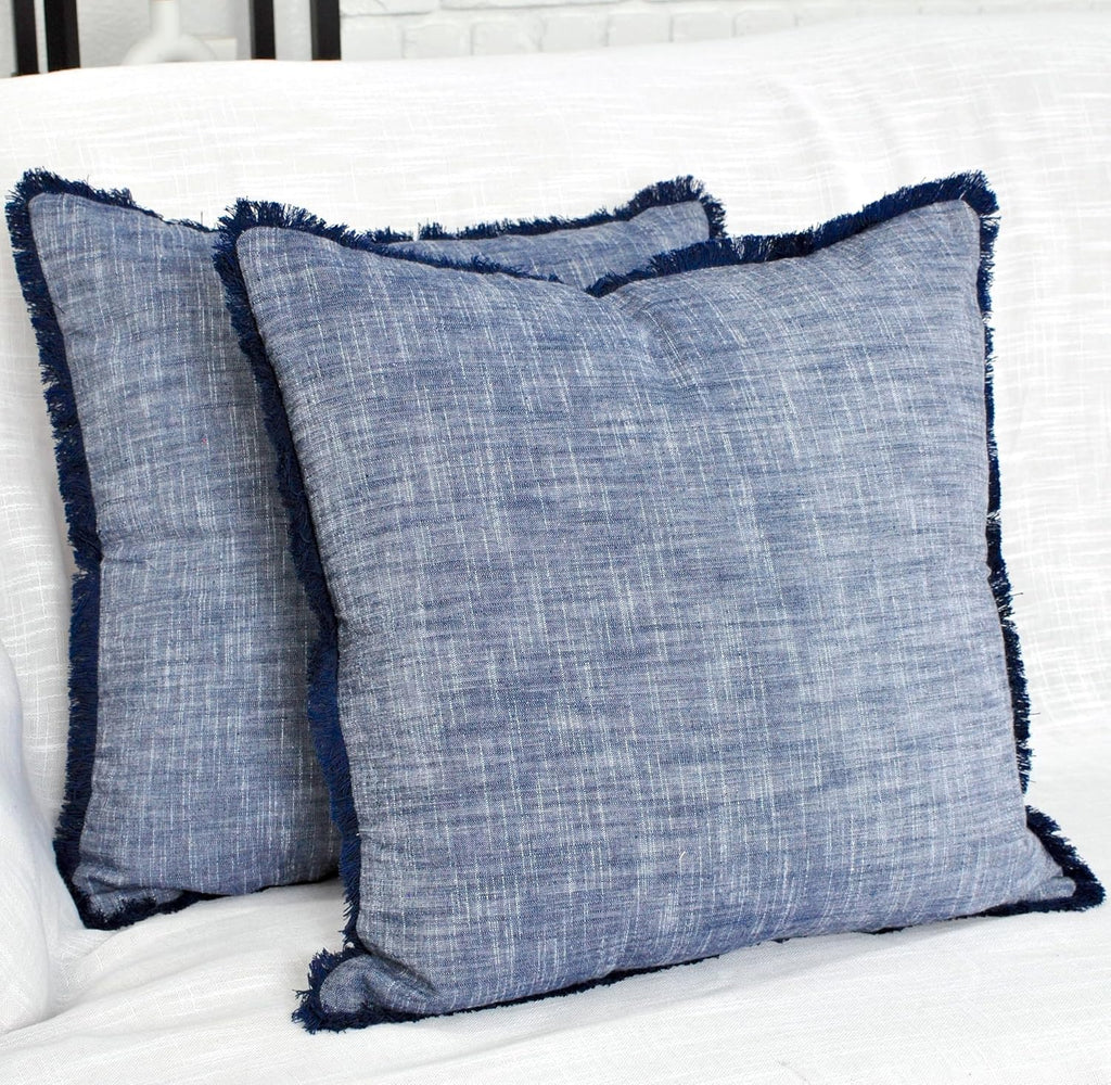 Set of 2 Textured Cotton Throw Pillow Covers with Decorative Fringe Farmhouse Cushion Covers with Tassels Linen Like Accent Pillowcases for Bed Couch Chair Sofa Living Room 22×22 Inch Blue