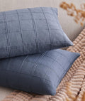 ZeeMart Linen Checked Lumbar Throw Pillow Covers Set of 2, 12x20 Inch Allover Grid Blue, Farmhouse Decorative Double Sided Grid Embroidered Couch Pillow Cases Blue Cotton Linen Cushion Covers
