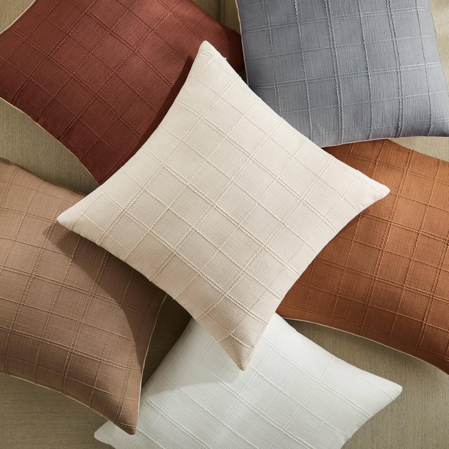 ZeeMart Linen Checked Throw Pillow Covers Set of 2, 20x20 Inch Beige/Cream, Farmhouse Decorative Single Sided Grid Embroidered Couch Pillow Cases Neutral Cotton Linen Cushion Covers