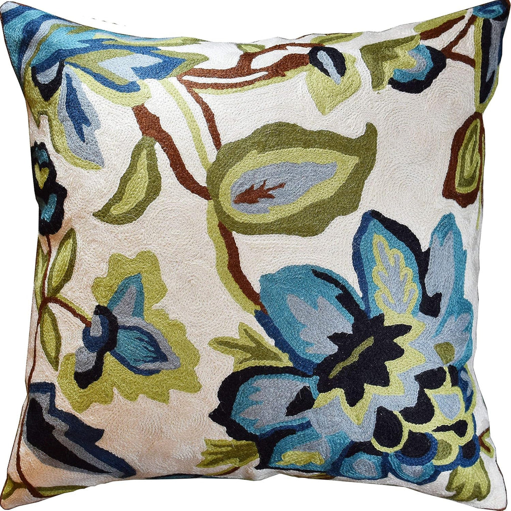 Modern Cream Decorative Floral Pillow Cover Needlepoint White Flower Hand Embroidered Pillowcase Flowery Outdoor Suzani Accent Cushion Boho Chair Modern Chair Pillowsham Wool Size 18x18