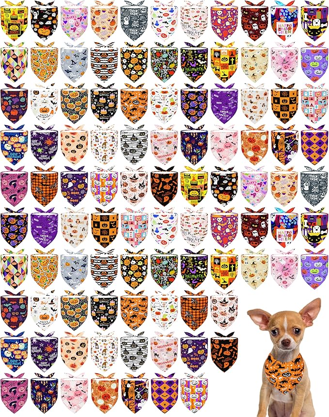PET SHOW 100 Pack Halloween Extra Small Dog Bandanas Bulk Seamless Pumpkin Triangle Bibs Scarves XS for Puppies Cats Adjustable Grooming Kerchiefs for Girl Boy Pets Costume Accessories (Small)