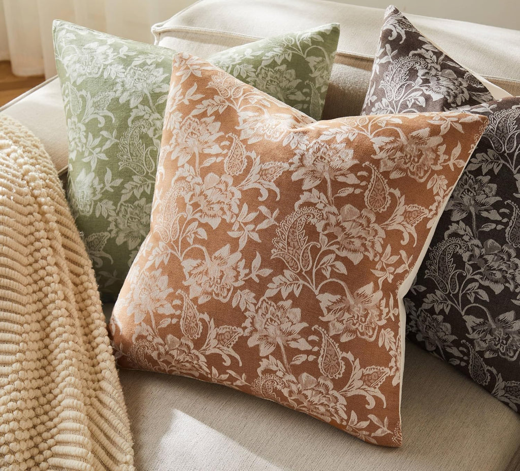 Floral Jacquard Throw Pillow Covers Set of 2, Background/Caramal 20x20 Inch, Farmhouse Decorative Cotton Caramal Cushion Covers for Sofa Bed Living Room Home Decor