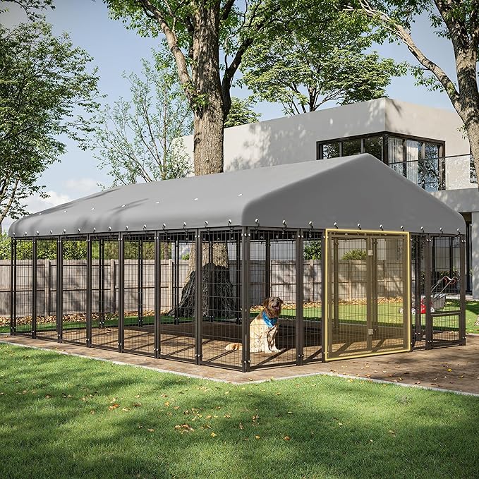 10X14FT Dog Kennel Outside Double Door Dog Kennel Outdoor with Feeding, Heavy Duty Outdoor Dog Crate Durable Dog Cage with Roof & Double Lock