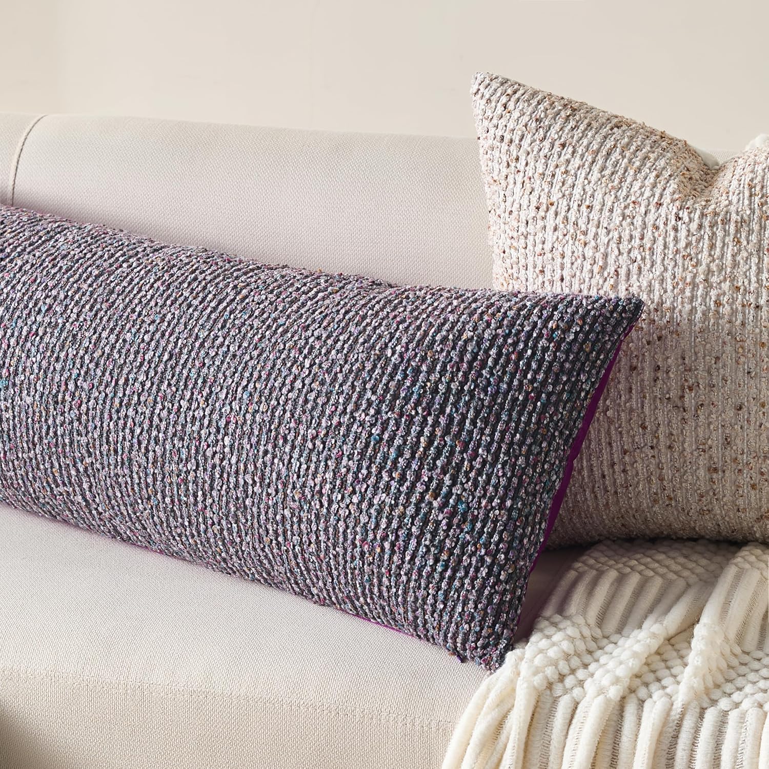 Decorative Lumbar Pillow Cover 14x36 Purple Striped Wool Long Body Pillow Neutral Textured Boho Lumbar Throw Pillow Cushion Covers for Modern Farmhouse Sofa Bed Living Room Decor SY011-E14