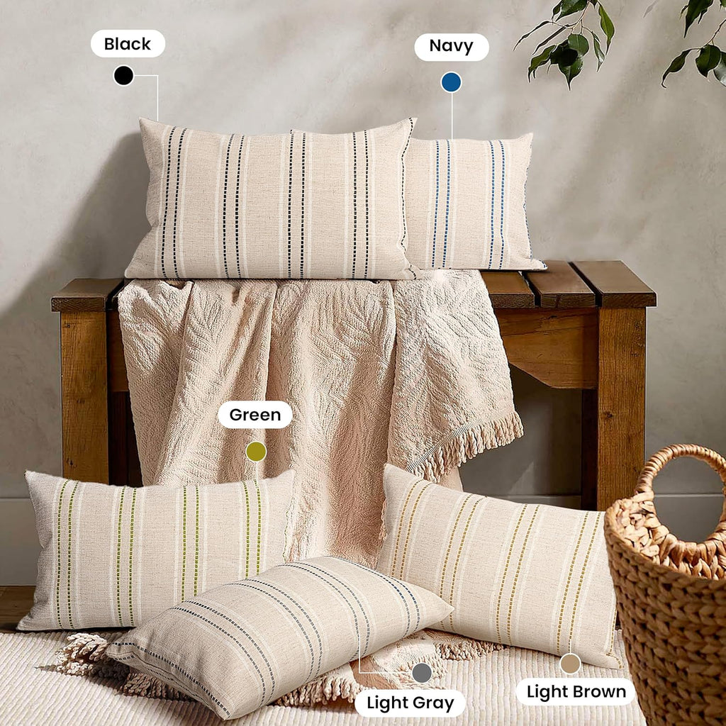 AELS 12x20 Decorative Farmhouse Linen Throw Pillow Covers, Boho Textured Pillow Case, Set of 2, Beige with White & Green Stitch Yarn Dyed Stripe Cushion Cover for Sofa Couch Living Room (Cover ONLY)