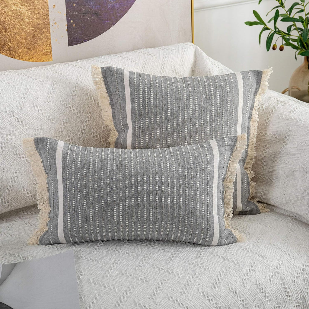 OJIA Modern Throw Pillow Cover with Tassels, Decorative Liana Fringe Accent Cushion Case, Farmhouse Woven Pillowcase for Sofa Chair Couch Bed Decor (Lumbar 12 x 20 Inches, Grey)