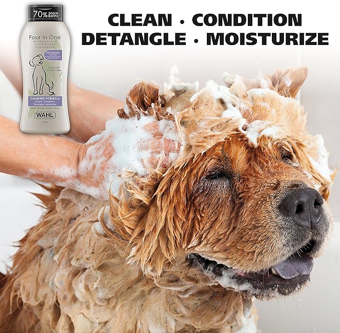 Wahl USA 4-in-1 Calming Dog Shampoo with Lavender Chamomile Scent – Cleans, Conditions, Detangles, & Moisturizes - Pet Friendly Formula - 24 Oz - Model 820000A