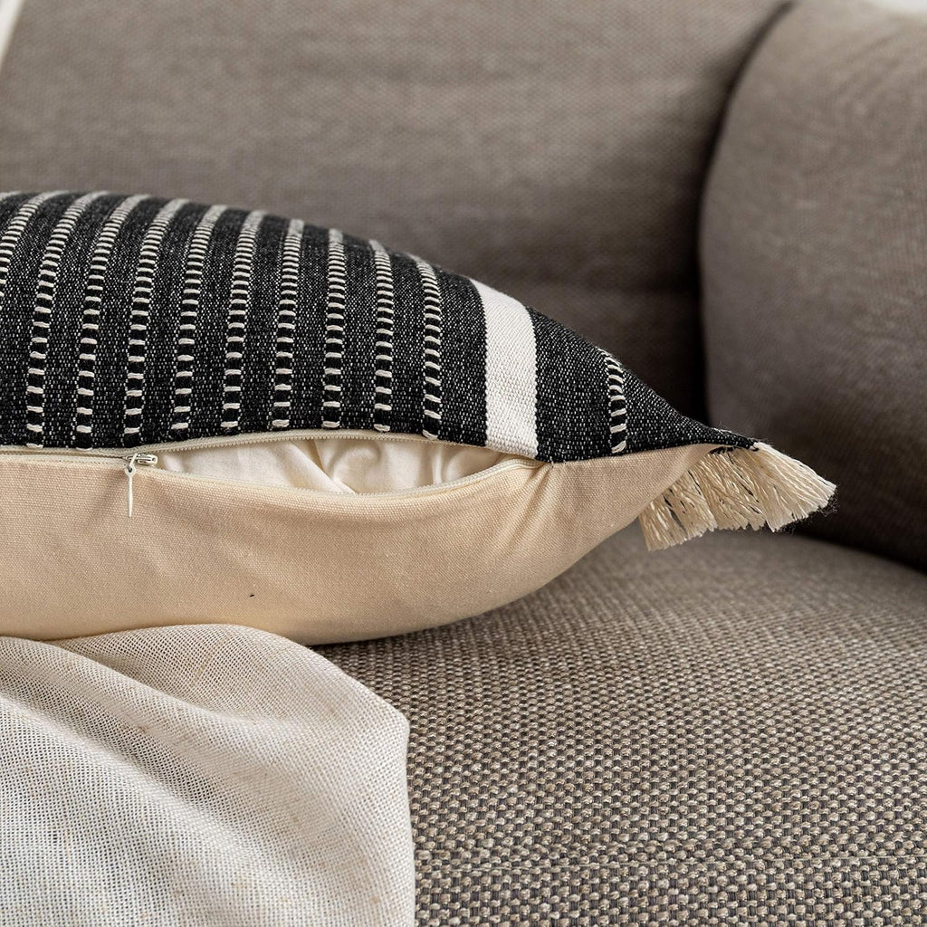 OJIA Modern Throw Pillow Cover with Tassels, Decorative Liana Fringe Accent Cushion Case, Farmhouse Woven Pillowcase for Sofa Chair Couch Bed Decor (Lumbar 20 x 20 Inches, Black)