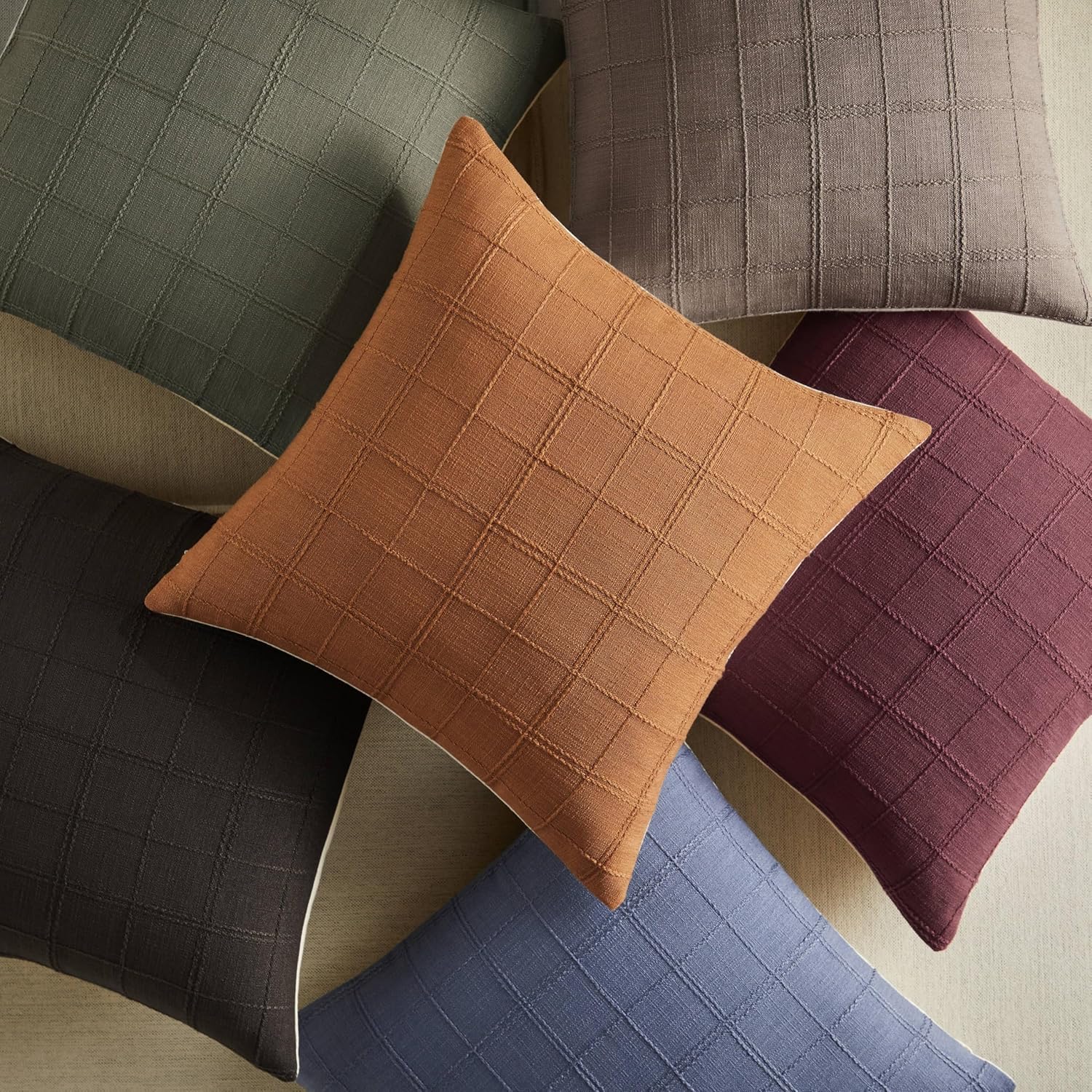 ZeeMart Linen Checked Throw Pillow Covers Set of 2, 18x18 Inch Charcoal/Cream, Farmhouse Decorative Single Sided Grid Embroidered Couch Pillow Cases Dark Grey Cotton Linen Cushion Covers