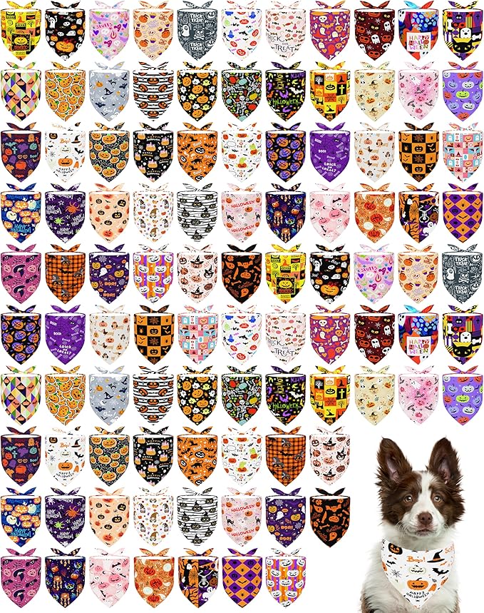 PET SHOW 100 Pack Halloween Large Dog Bandanas Bulk No Seam Pumpkin Ghost Triangle Bibs Scarves XL for Male Female Pets Adjustable Grooming Kerchiefs for Extra Large Dogs Costume Accessories(Large)