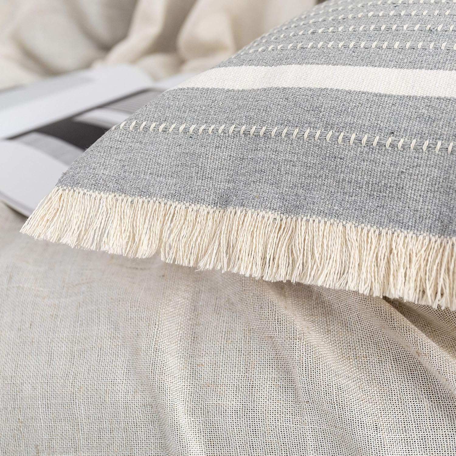 OJIA Modern Throw Pillow Cover with Tassels, Decorative Liana Fringe Accent Cushion Case, Farmhouse Woven Pillowcase for Sofa Chair Couch Bed Decor (Lumbar 12 x 20 Inches, Grey)