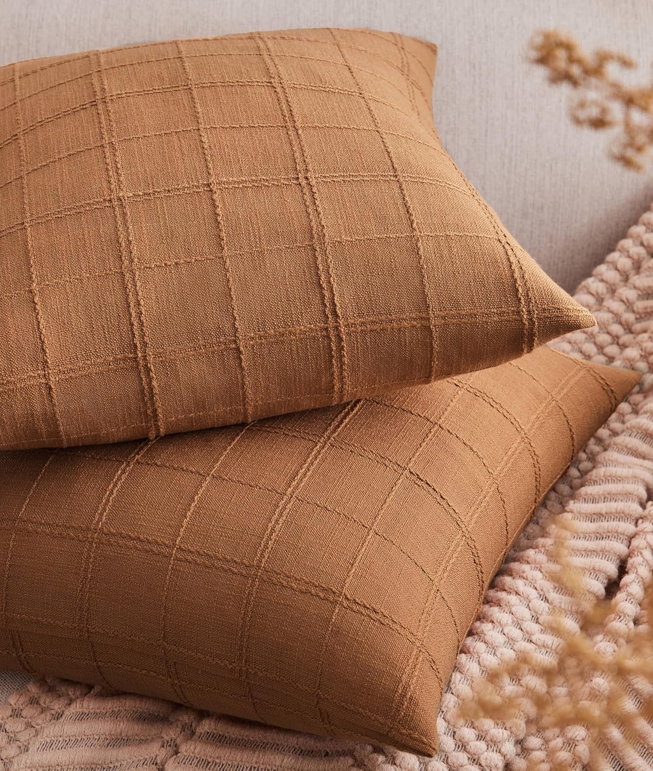 ZeeMart Linen Checked Throw Pillow Covers Set of 2, 16x16 Inch Allover Grid Caramel, Farmhouse Decorative Double Sided Grid Embroidered Couch Pillow Cases Burnt Orange Cotton Linen Cushion Covers