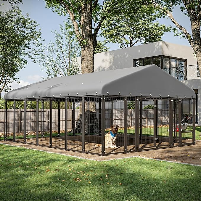 10X14FT Dog Kennel Outside Double Door Dog Kennel Outdoor with Feeding, Heavy Duty Outdoor Dog Crate Durable Dog Cage with Roof & Double Lock