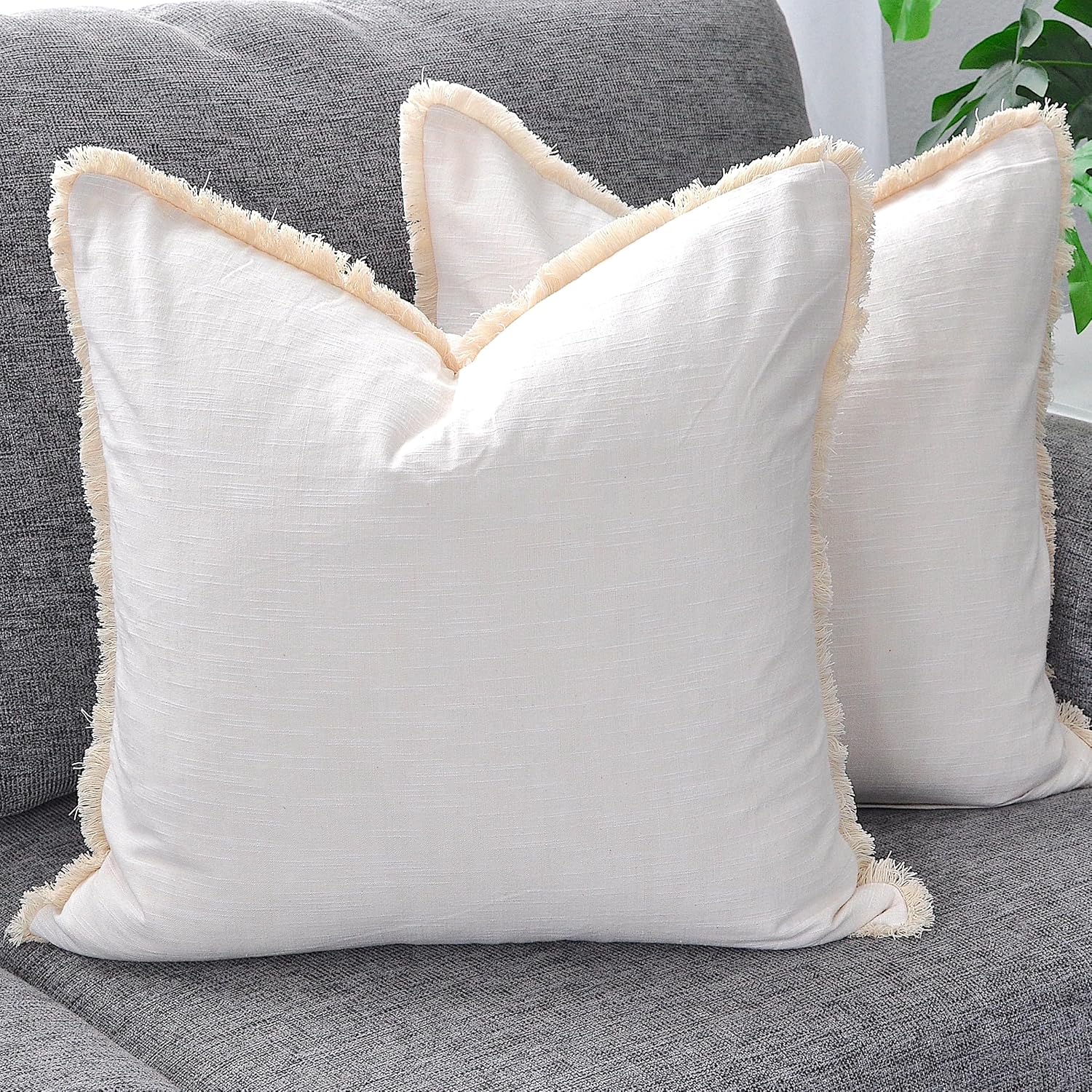 18×18 Ivory White Decorative Fringe Cotton Pillow Covers Boho Farmhouse Throw Cushion Covers with Tassels Linen Like Textured Accent Pillowcases for Bed Couch Chair Sofa Living Room Set of 2