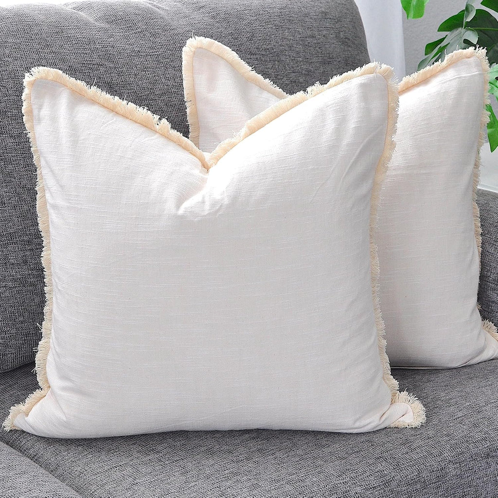 16×16 Cream White Decorative Fringe Cotton Throw Pillow Covers Boho Farmhouse Cushion Covers with Tassels Linen Like Textured Accent Pillowcases for Bed Couch Chair Sofa Living Room Set of 2